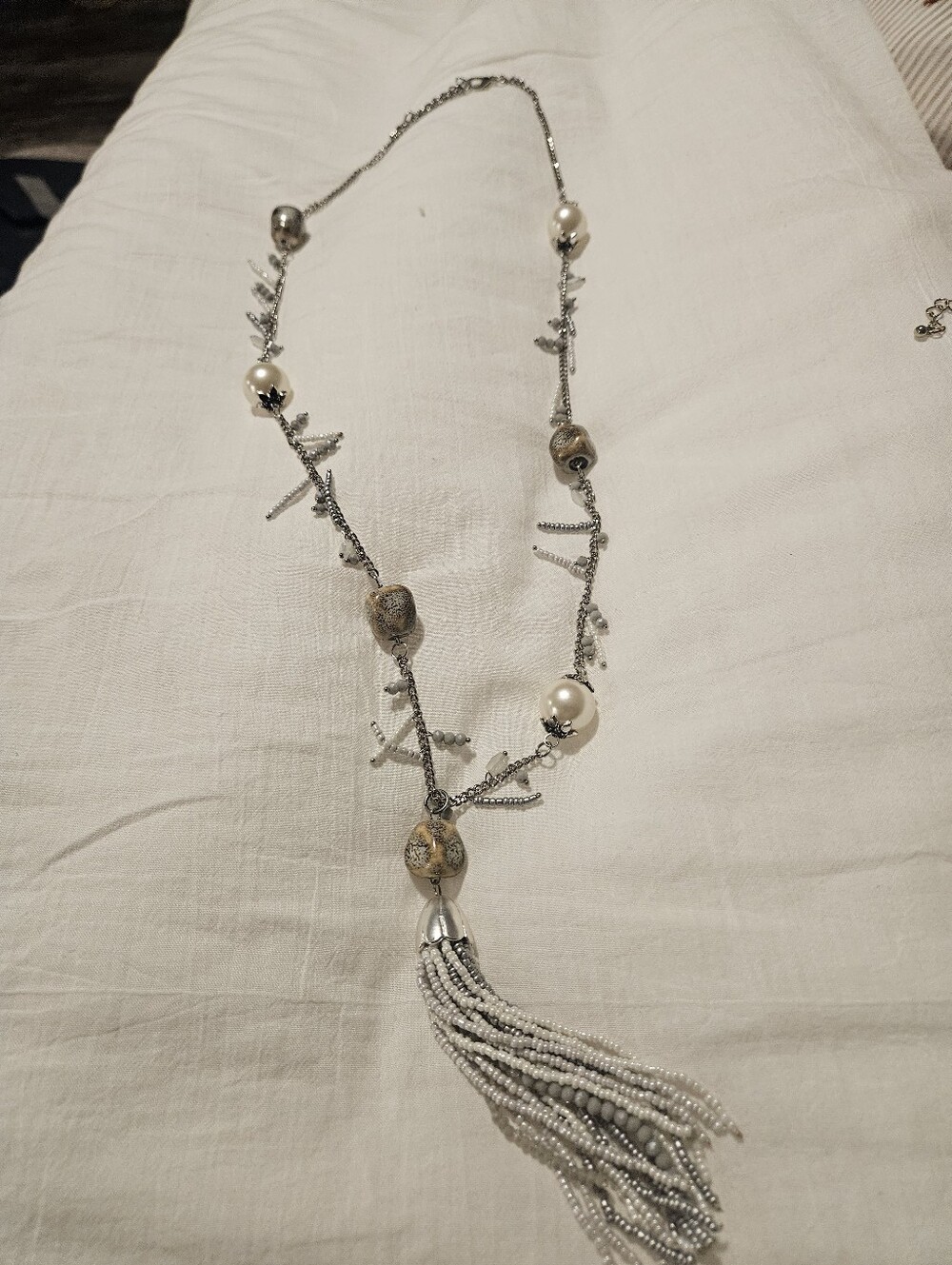 Elegant Silver-Tone Pearl & Bead Tassel Necklace